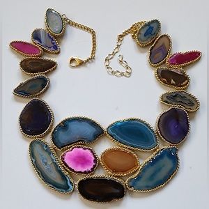 Multicolor Reconstructed Sliced Agate Mosaic Bib Statement Necklace Handmade